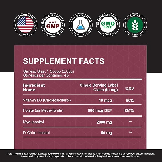 Inositol Powder - Myo & D-Chiro Inositol + Folate and Vitamin D - 40:1 Ratio - 45 Day Supply | Great Alternative to Capsules