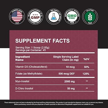 Inositol Powder - Myo & D-Chiro Inositol + Folate and Vitamin D - 40:1 Ratio - 45 Day Supply | Great Alternative to Capsules