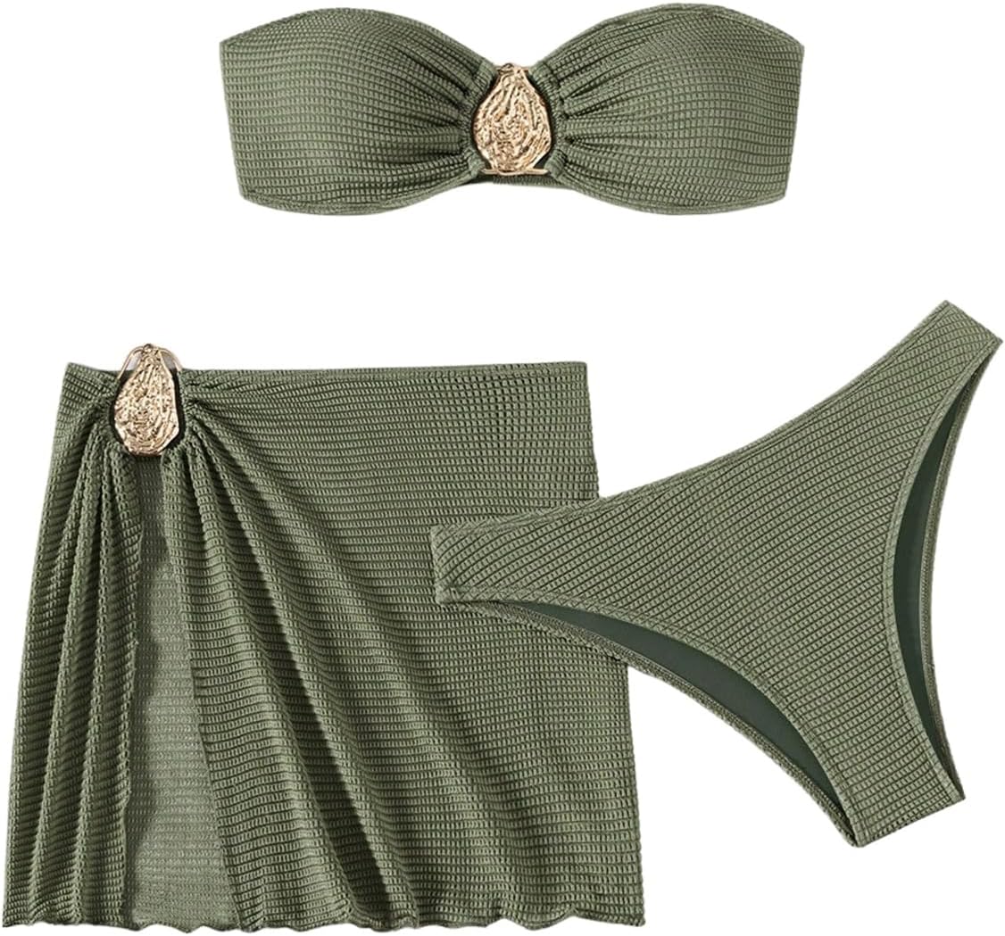 GORGLITTER Women's Strapless Bandeau Swimsuits High Waisted Cheeky Metal Bikini Sets with Bathing Suit Cover Up Skirts