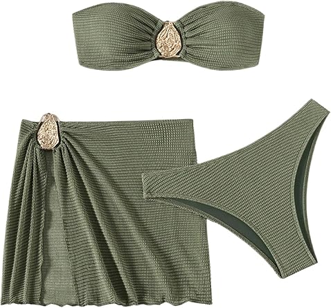 GORGLITTER Womens Strapless Bandeau Swimsuits High Waisted Cheeky Metal Bikini Sets with Bathing Suit Cover Up Skirts