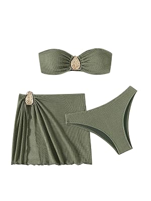 GORGLITTER Womens Strapless Swimsuits Metal Decor High Waisted Cheeky Bikini Set with Bathing Suit Cover Up Skirts