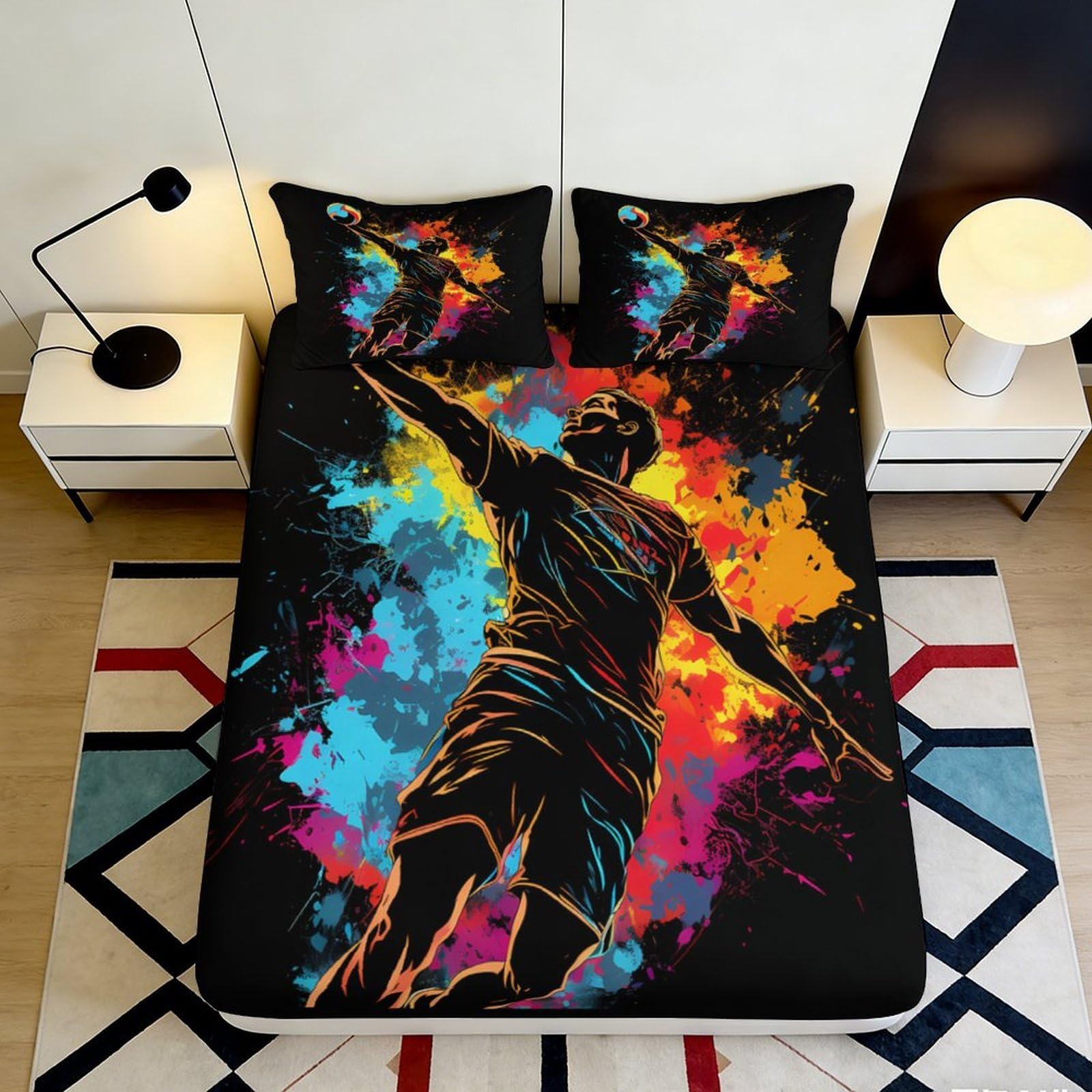3D Printed Splash Art Fitted Sheet Microfiber Vibrant Sports Silhouette Mattress Cover for Bedroom Dorm Decor 90x200x25cm