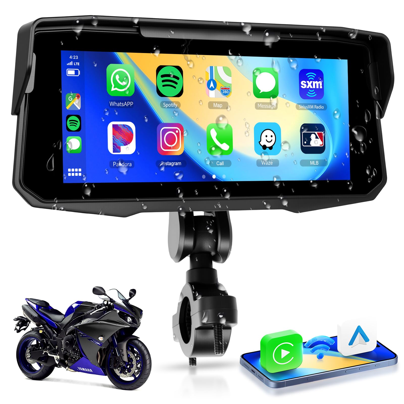 Hodozzy Schermo Carplay per moto con Bluetooth, Wireless Android Auto Touchscreen da 6,86 pollici Carplay Stereo per Moto, Supporto Impermeabile Dual BT TF EQ, Controllo Vocale, Navigazione GPS