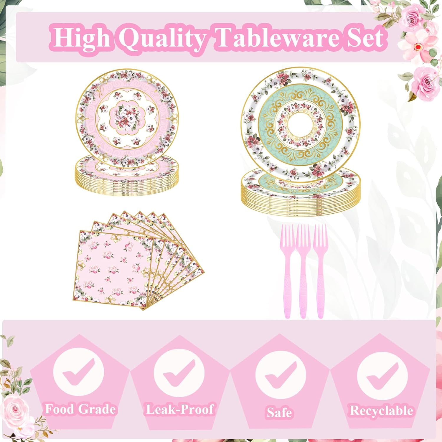 96pcs Floral Party Supplies Flower Paper Plates and Napkins Tableware Set for 24 Guest Floral Party Disposable Paper Dinner Plates Napkins Forks for Birthday Bridal Shower Tea Party Supplies