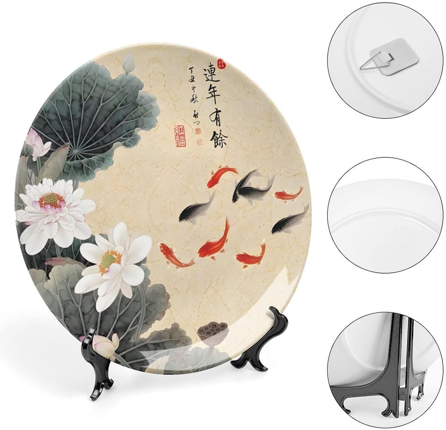 Fine Bone China Decorative Plate, Detailed Wall Art with A Pink-White Lotus, Green Pod, And Green Dragonfly on A Simple Background for A Focused Space Bone China Decorative Plate, 8inch Wall Art Home
