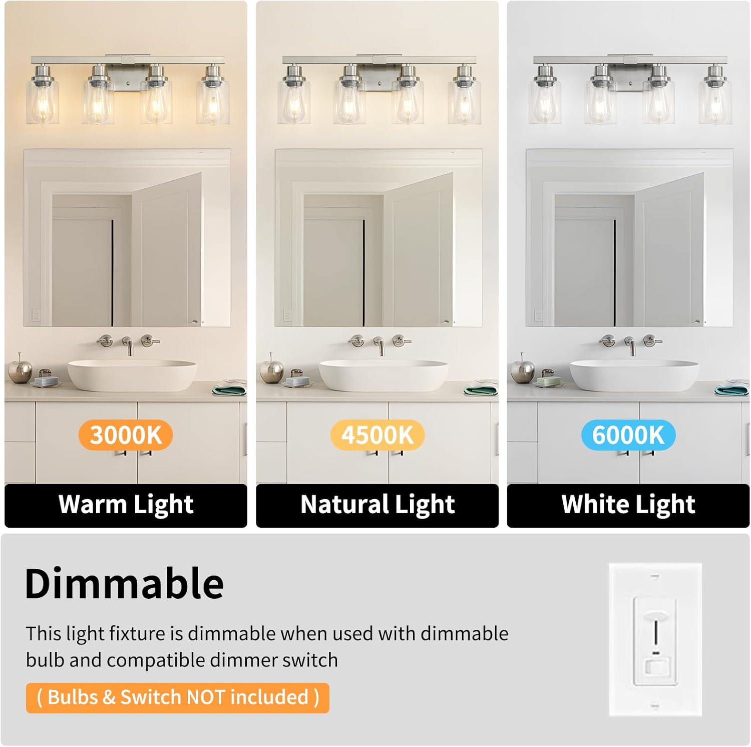 Bathroom Vanity Light, 4-Light Nickel Modern Matte Wall Sconce Lighting with Clear Glass Shade, Wall Lights,Bath Vintage Wall Mounted Lamps for Mirror Bedroom Living Room