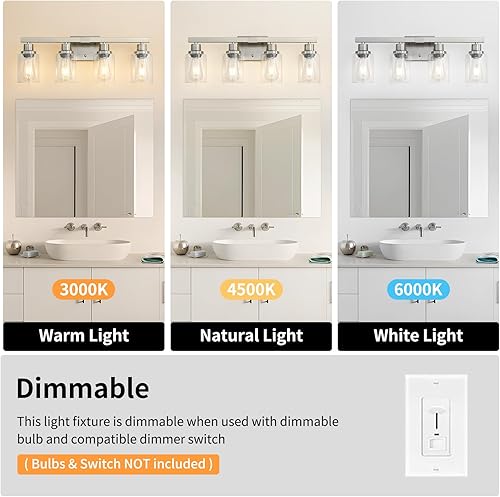 Miniatura 7 de Lámpara de tocador de baño, lámpara de pared mate moderna de níquel de 4 luces con pantalla de vidrio transparente, lámparas de pared, lámparas de