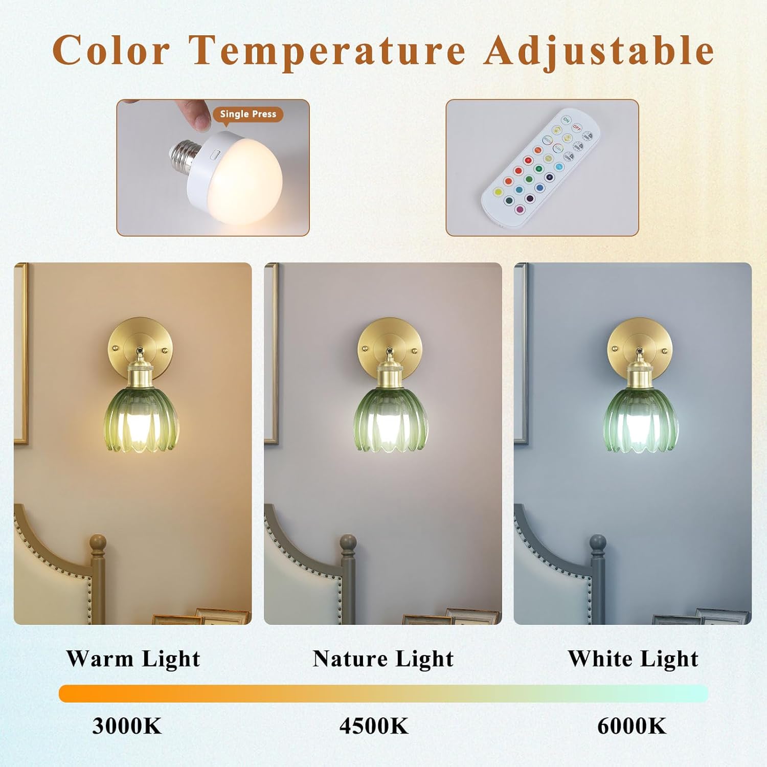 Vintage Battery Operated Wireless Wall Sconces, Rechargeable Gold Wall Lights，Green Tulip Glass Lampshad With Remote Dimmable Wall Lighting Indoor, Led Wall Lamp Fixtures For Bedroom, Living Room