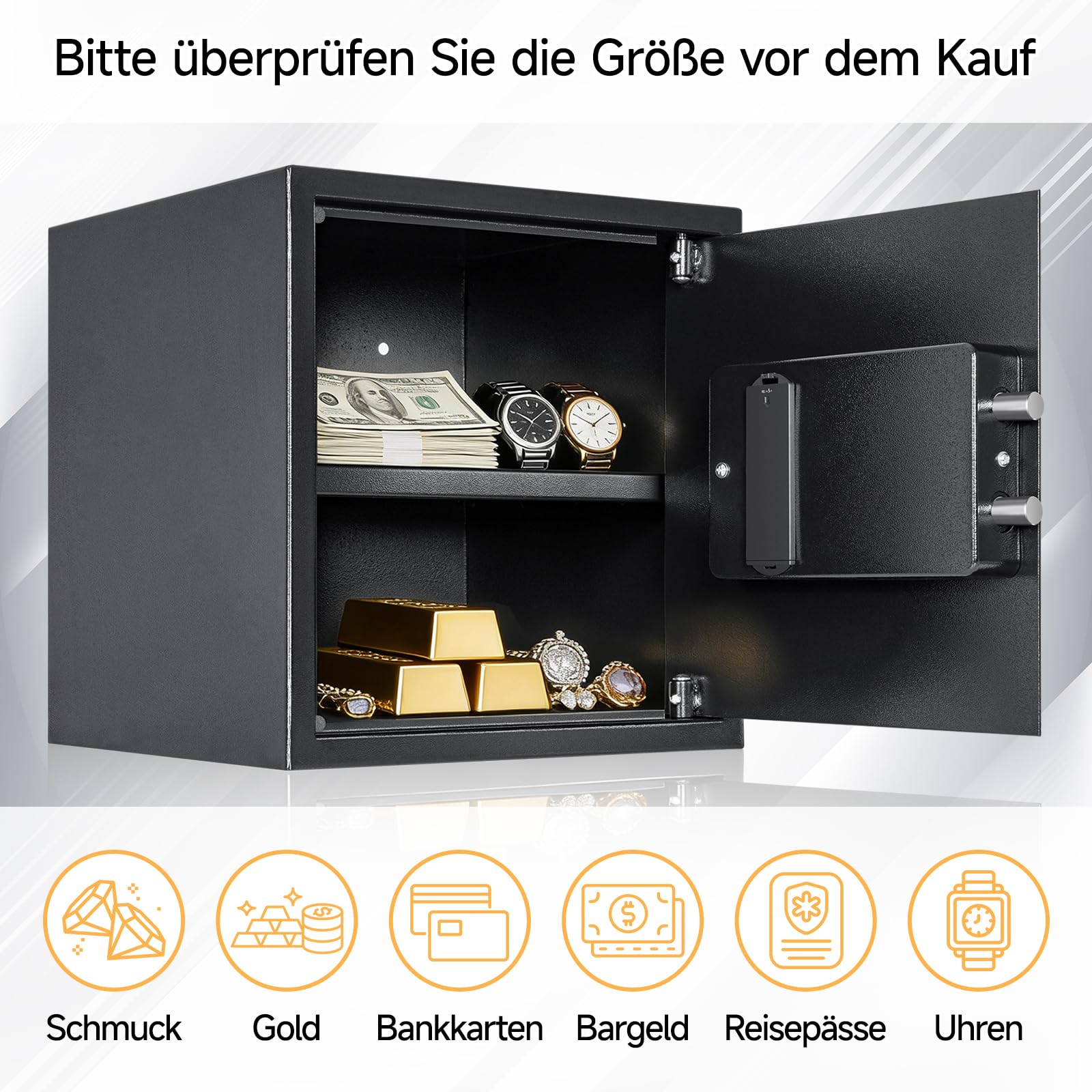 OUUTMEE Caja fuerte de 45 litros ignífuga con bolsa impermeable para documentos, con cerradura de combinación + llave, adecuada para guardar dinero en efectivo, joyas y documentos, color negro