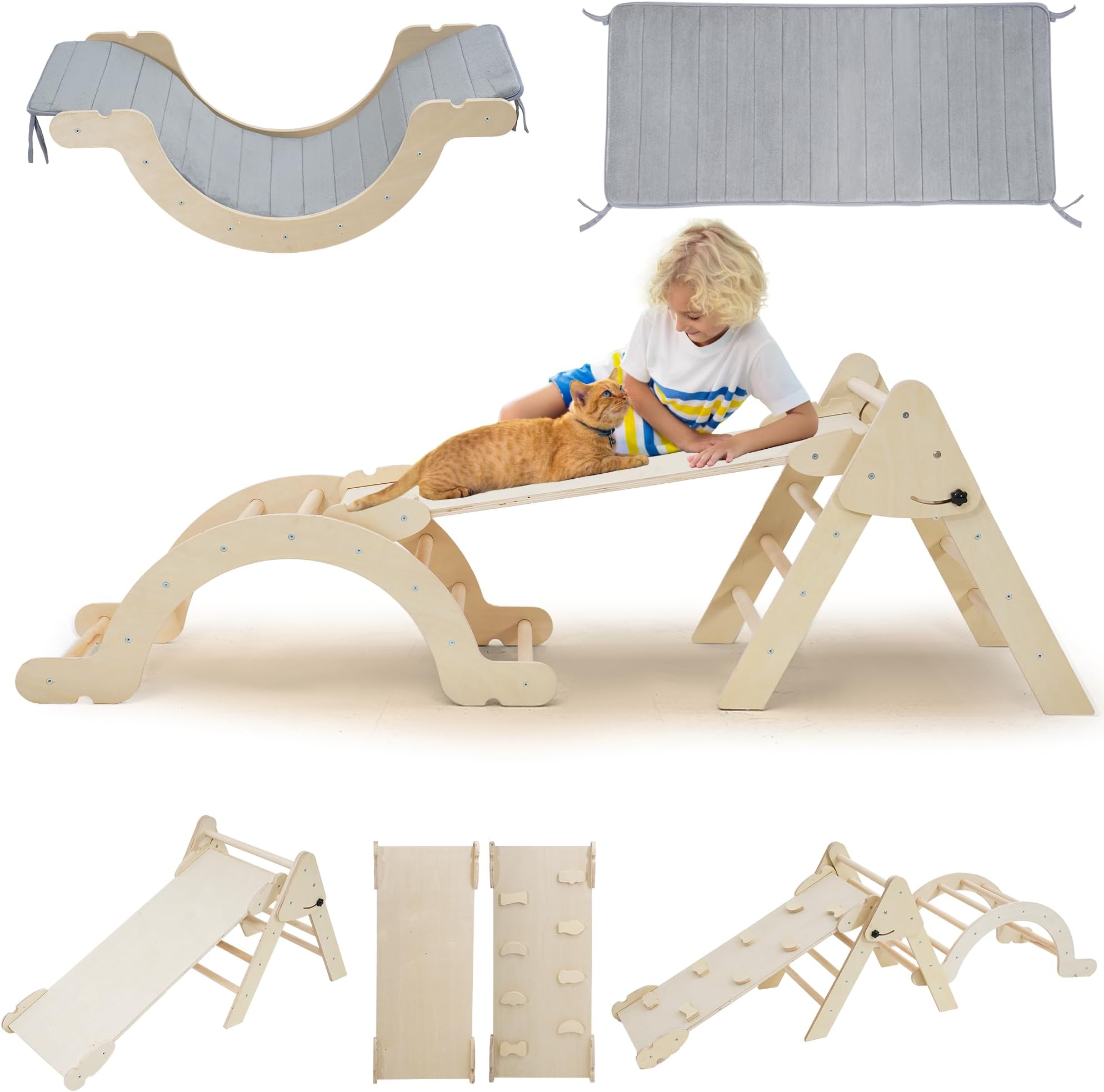 Toddler Climbing Toys Indoor Jungle Gym, Pikler Triangle Set with Cushion, 7-in-1 Montessori Climbing Set, Kids Indoor Play Gym for 1-5yr, Plush Cushion