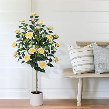 Yepdin 47"Artificial Camellia Tree with White Flower Pots - Yellow Fake Plants,Faux Floral Tree Blooming Flowers in Decorative Pot,Artificial Plants for Home Front Door Decor Indoor & Outdoor