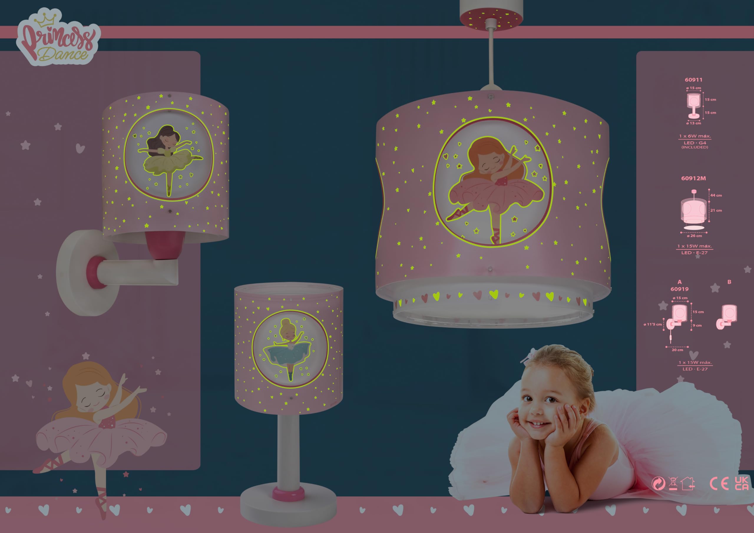 Dalber Luz Quitamiedos Infantil Bailarinas Rosa 60911 G4 | Lámpara infantil de mesa o mesita; Princess Dance; G4 4W LED - Bombilla incluida; Luz Quitamiedos