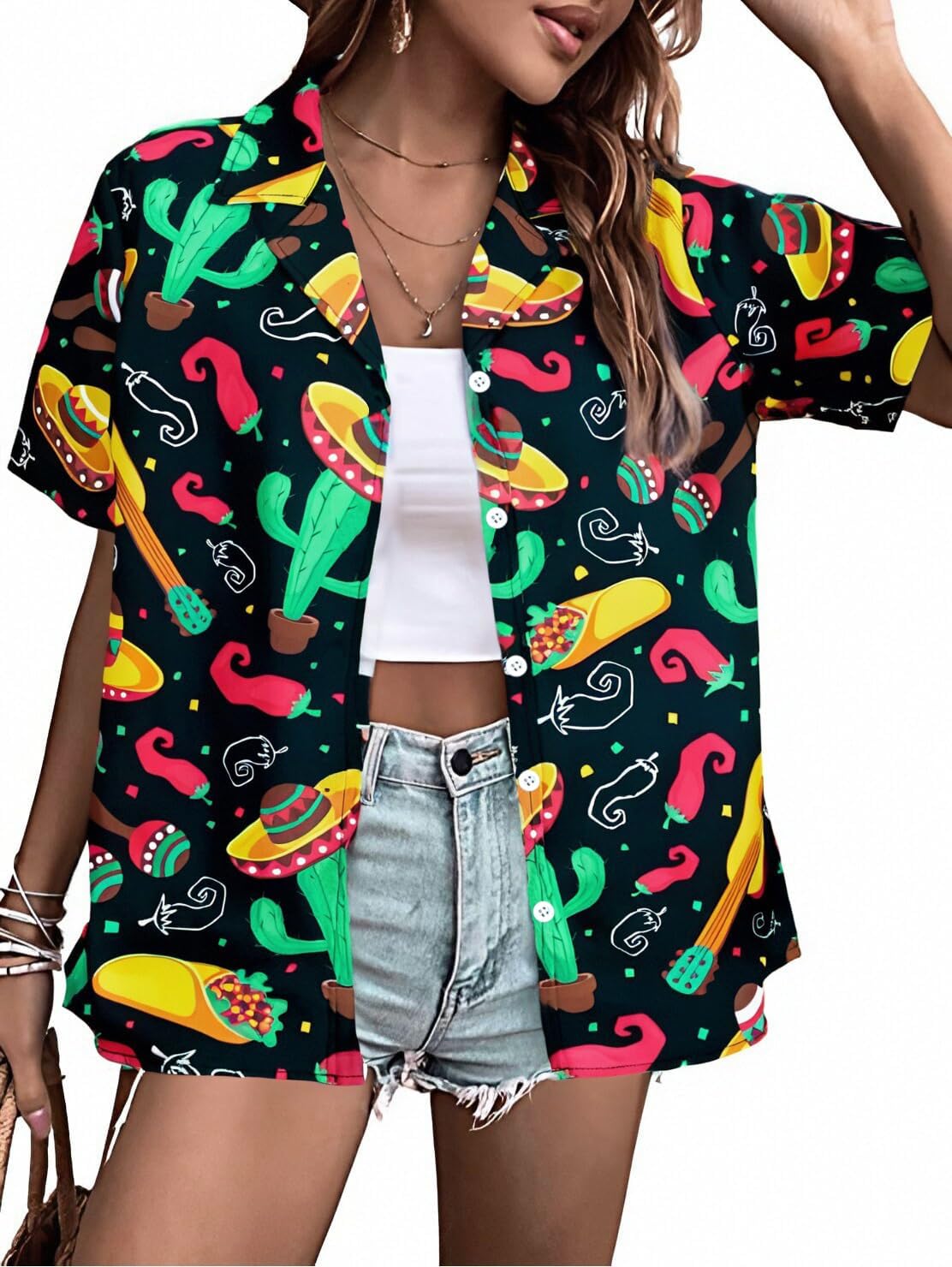 Cinco De Mayo Shirt Women Mexico Mexican Party Hawaiian Shirt Funny Button Down Shirt Short Sleeve Button Up Blouse Tops