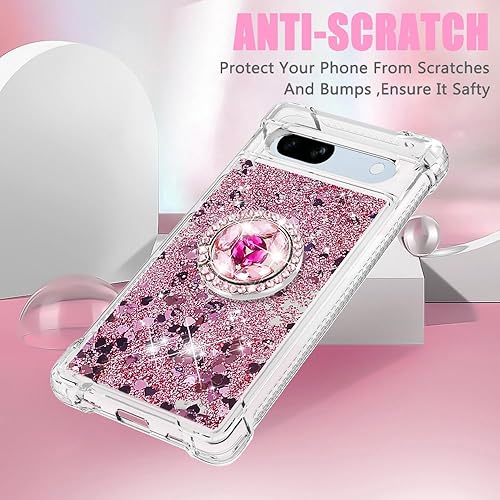 Miniatura 4 de Asuwish Funda de teléfono para Google Pixel 7A 5G 2023 con protector de pantalla y soporte para anillo, purpurina líquida brillante, transparente,