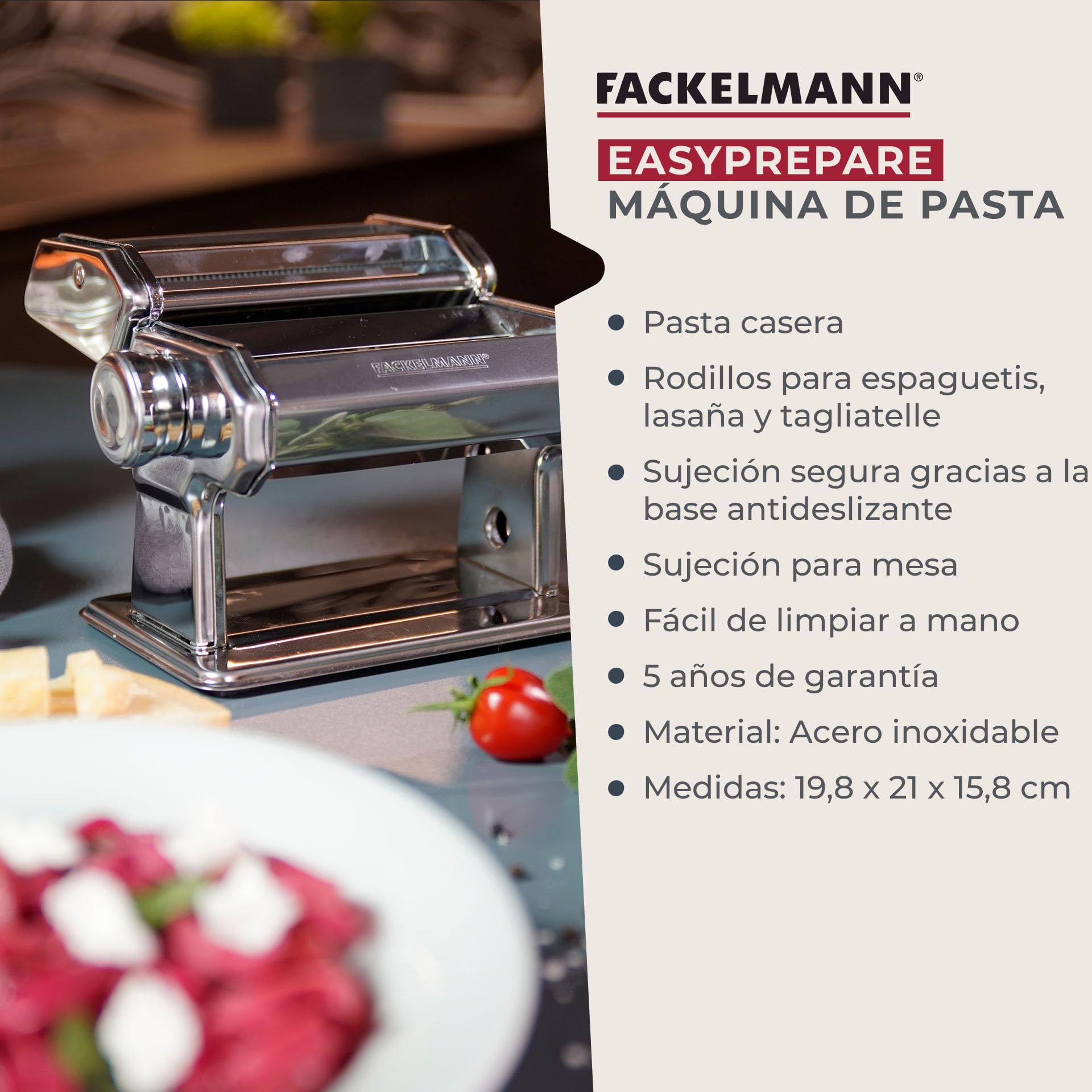 FACKELMANN Máquina para Pasta Fresca Manual - Procesador Manual de alimentos para hacer espaguetis, ravioli, lasaña, en acero inoxidable con mango de plástico, 21x19,8x15,8cm, 1ud.