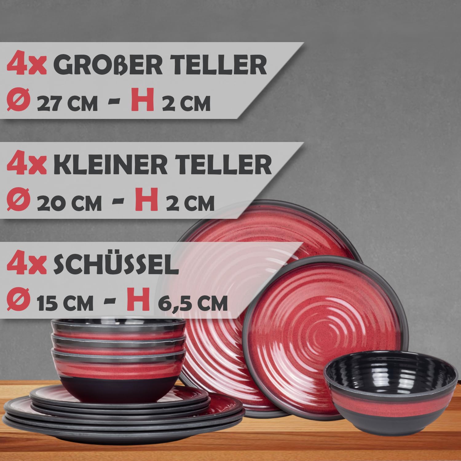 12-częściowy zestaw naczyń kempingowych z melaminy dla 4 osób | nadaje się do mycia w zmywarce | piknikowy zestaw naczyń | naczynia kempingowe I Stone Red Design