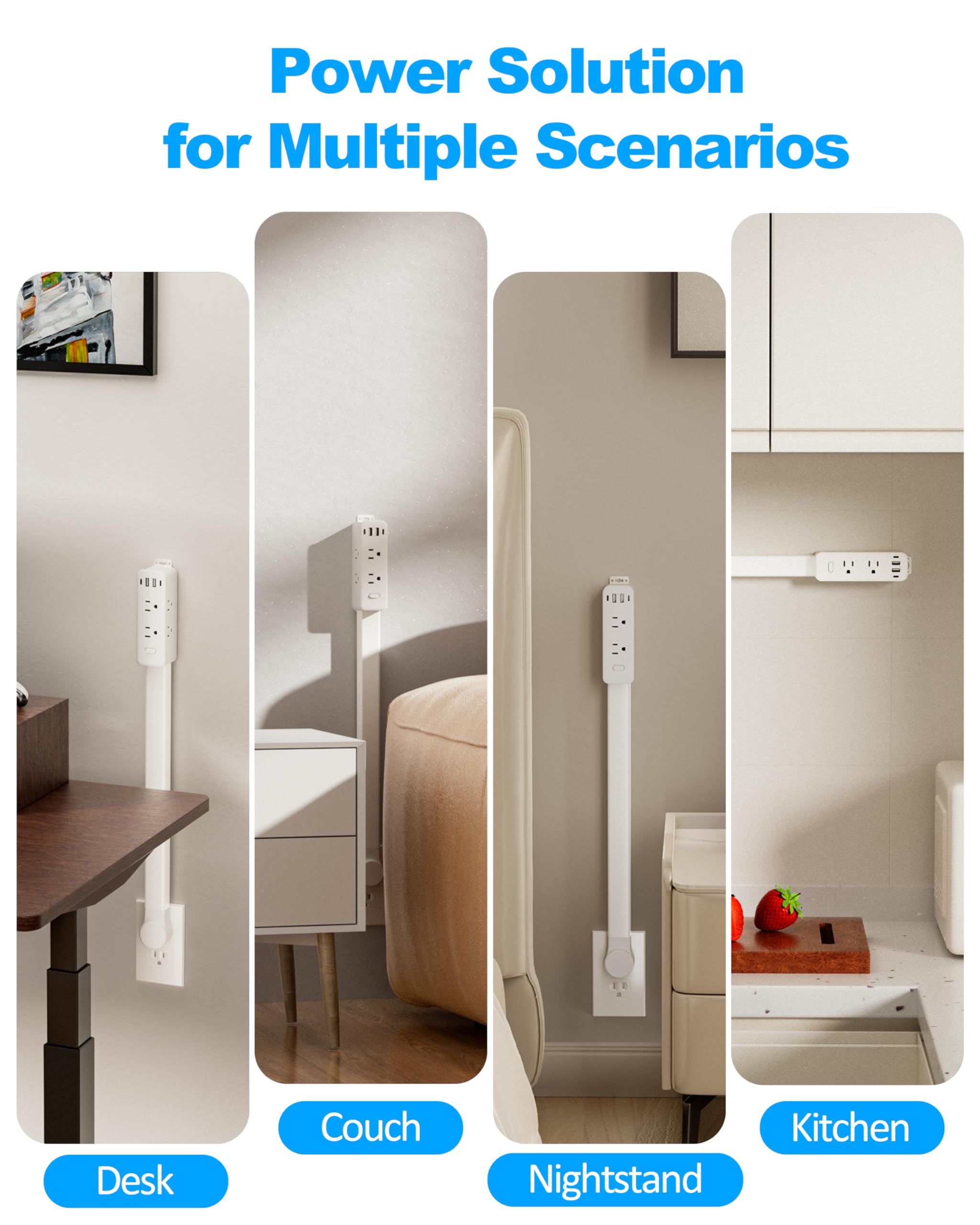 Olcorife Output Extender Bar, Steckdosenleiste mit 6 Steckdosen und 4 USB-Anschlüssen, ausziehbar 55,9 cm - 86,4 cm, 180 ° (90 ° auf der Seite), unverzichtbarer Schlafsaal für Nachttisch/Sofa und