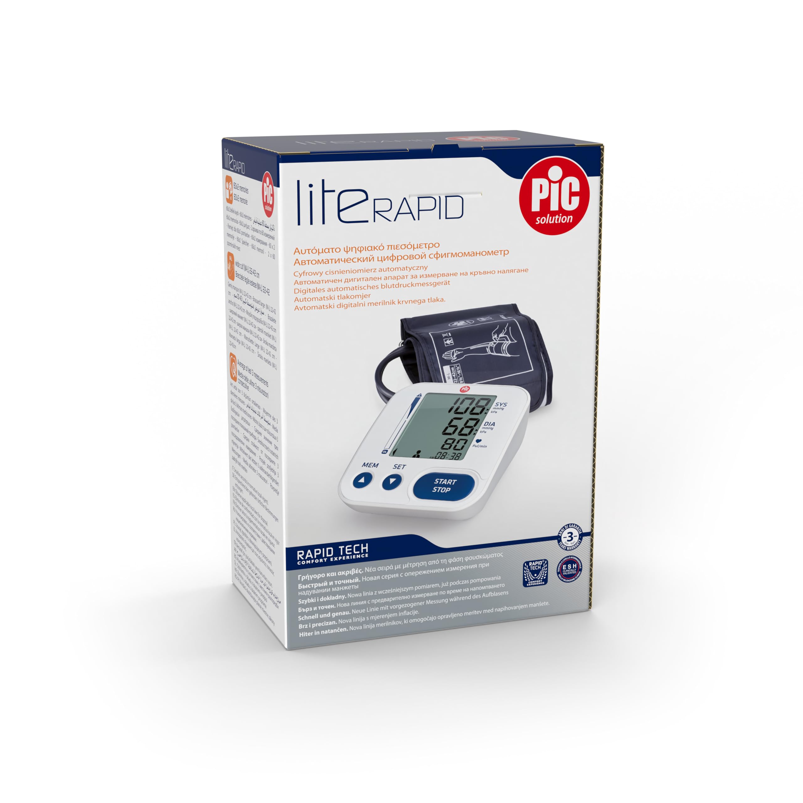 Pic Solution - Literapid - Medidor de presión arterial de brazo digital, aparato automático para medir la presión arterial en casa, clínicamente validado, blanco y azul