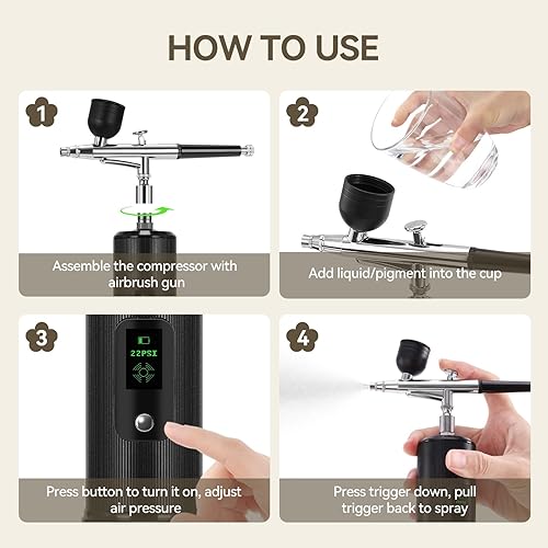 Miniatura 6 de LAKIX Kit de aerógrafo con compresor, pistola de aerógrafo recargable inalámbrica, 36PSI cepillo de aire portátil de mano para uñas, pintura,