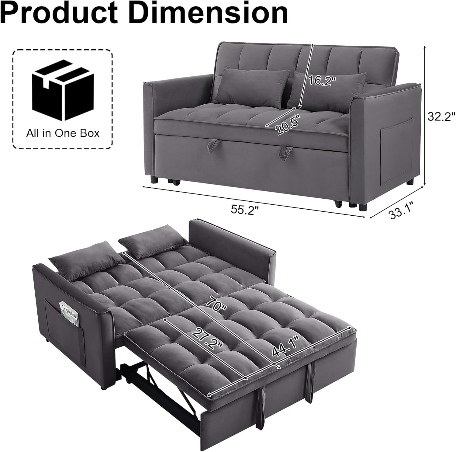 Dreamzie 3 in 1 Convertible Sleeper Sofa Bed, 55'' Loveseat Sleeper Sofa, Pull Out Couch Bed with Adjustable Backrest for Living Room, Velvet Fabric, Dark Gray
