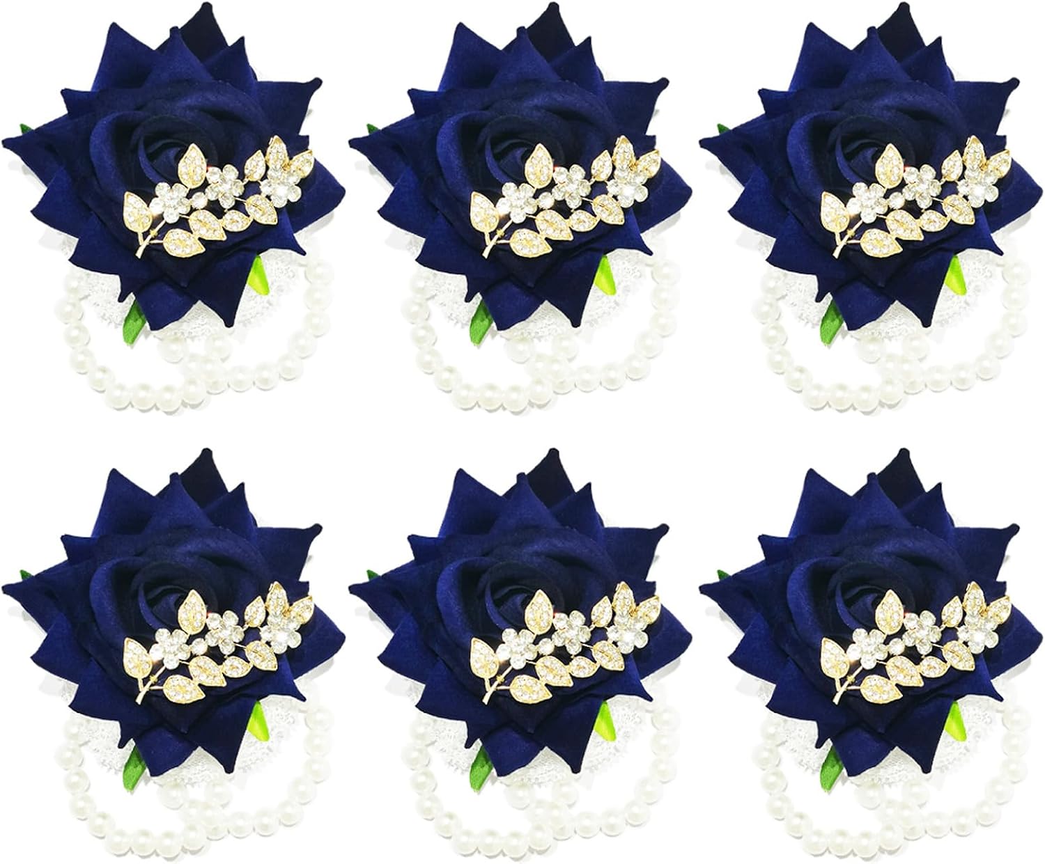 YIFU Wedding Velvet Rose Groom's & Best Man's Corsage Set of 6 - Red, Ivory, Navy Blue Wedding Corsages (6 Navy Blue)