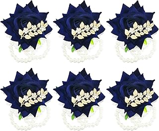 YIFUwedding velvet rose Bride and bridesmaid wrist flower wedding party decoration， Set of 6, wedding corsage (6 pieces of navy blue wrist flowers)