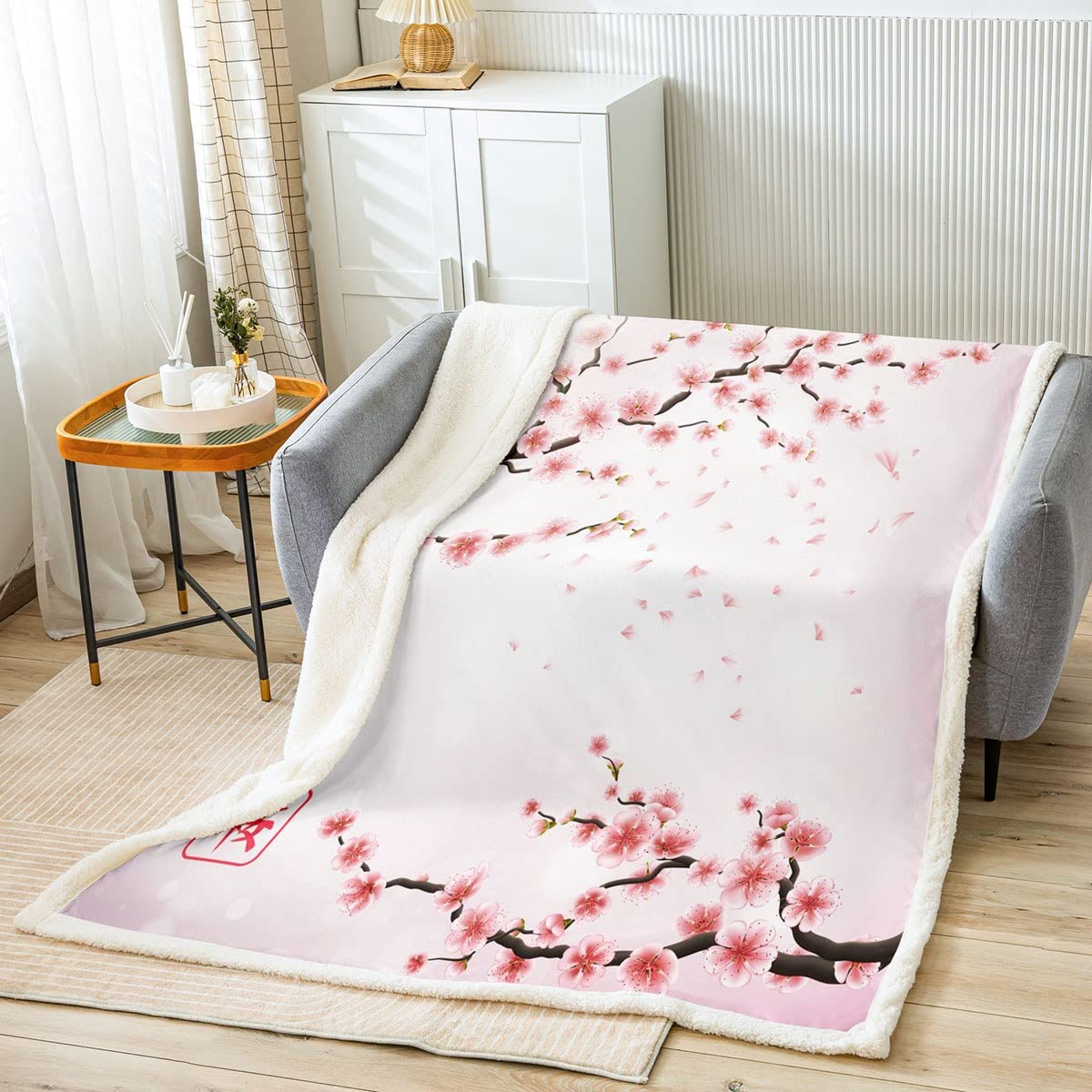 Homemissing Cherry Blossoms Fleece Throw Blanket Girly Pale Pink Blossom Petal Sherpa Blanket for Kids Girls Women Watercolor Floral Fuzzy Blanket for Sofa Bed Japanese Style,King 87x94 Inch