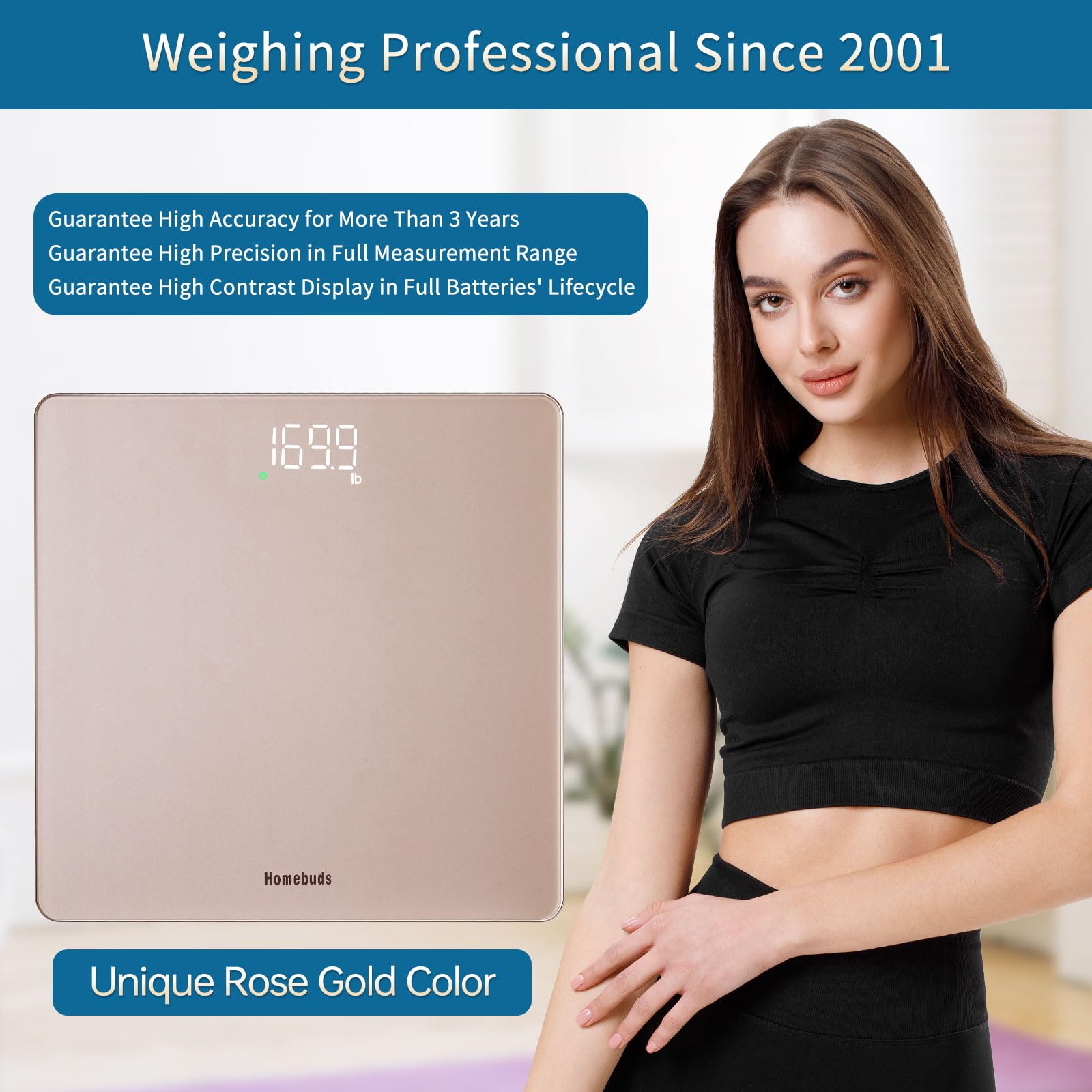 Homebuds Bilancia Pesapersone, Precisione 0,05kg Dalla Nostra Fabbrica Professionale Dal 2001, Bilancia Digitale Step On e LED Bianco per Una Facile Visualizzazione, 3*AAA Incluse, 182kg, Oro Rosa