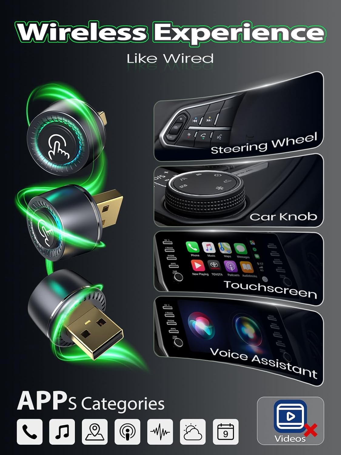 Wireless CarPlay Adapter for iPhone, 1-Click Switch for 2 Phones, Plug & Play, No Delay, Converts Wired to Wireless Car Play Dongle, Fast Stable for Cars 2016+ with Apple CarPlay & Android Auto Grey