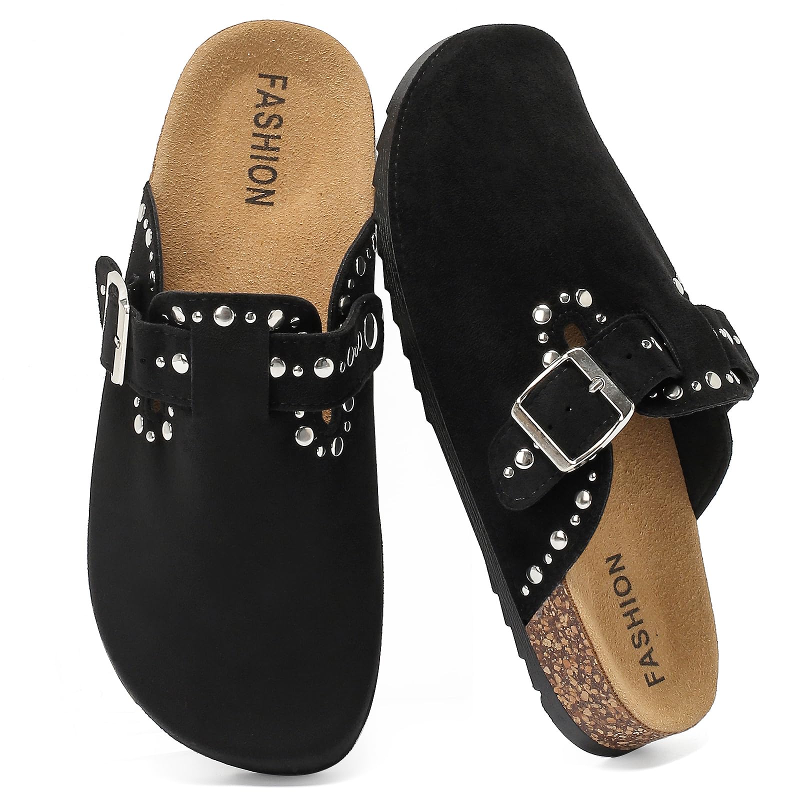 Nieten Clogs Damen mit Kork Fußbett, Hausschuhe Herren Halb Geschlossen | Pantoletten Unisex mit Verstellbare Schnalle, Rutschfest Kartoffel Schuhe Komfort, Ieicht Korkfuß Schlappen, Leder Sandalen