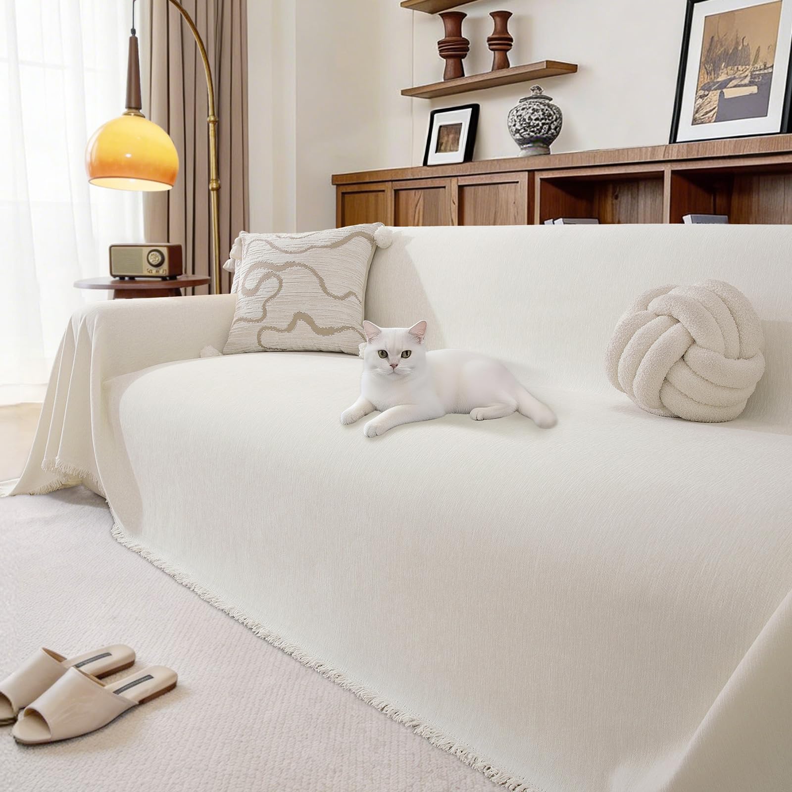 Ystyle Funda Sofa 4 Plazas, 180x380 CM, Manta Cubre Sofa de Chenilla Antideslizante y Antimanchas, Protector de Sofa para Perros y Gatos para Salón, Sofa Cover Four Seasons Universal, Crema Global Recycled Standard Global Recycled Standard Global Recycled Standard