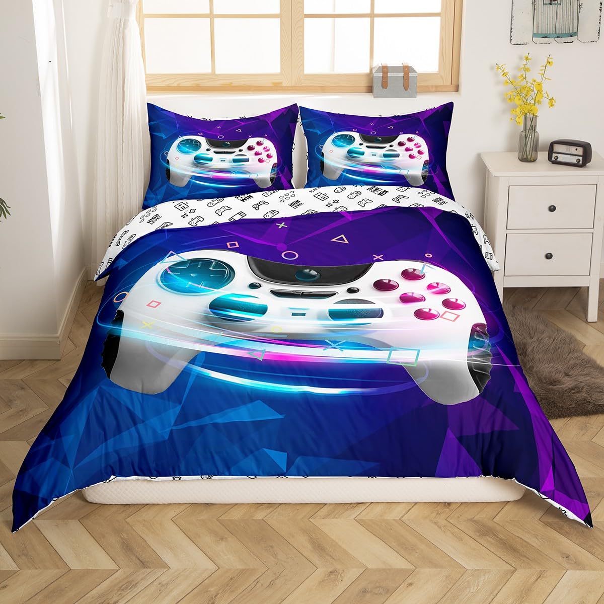 Loussiesd Boys Gamepad Bedding Set Geometric Triangle Duvet Cover Kids Teens Video Game Gamepad Comforter Cover Cool Game Controller Bedspread Cover Bedroom Collection 3Pcs Double Size — image 1