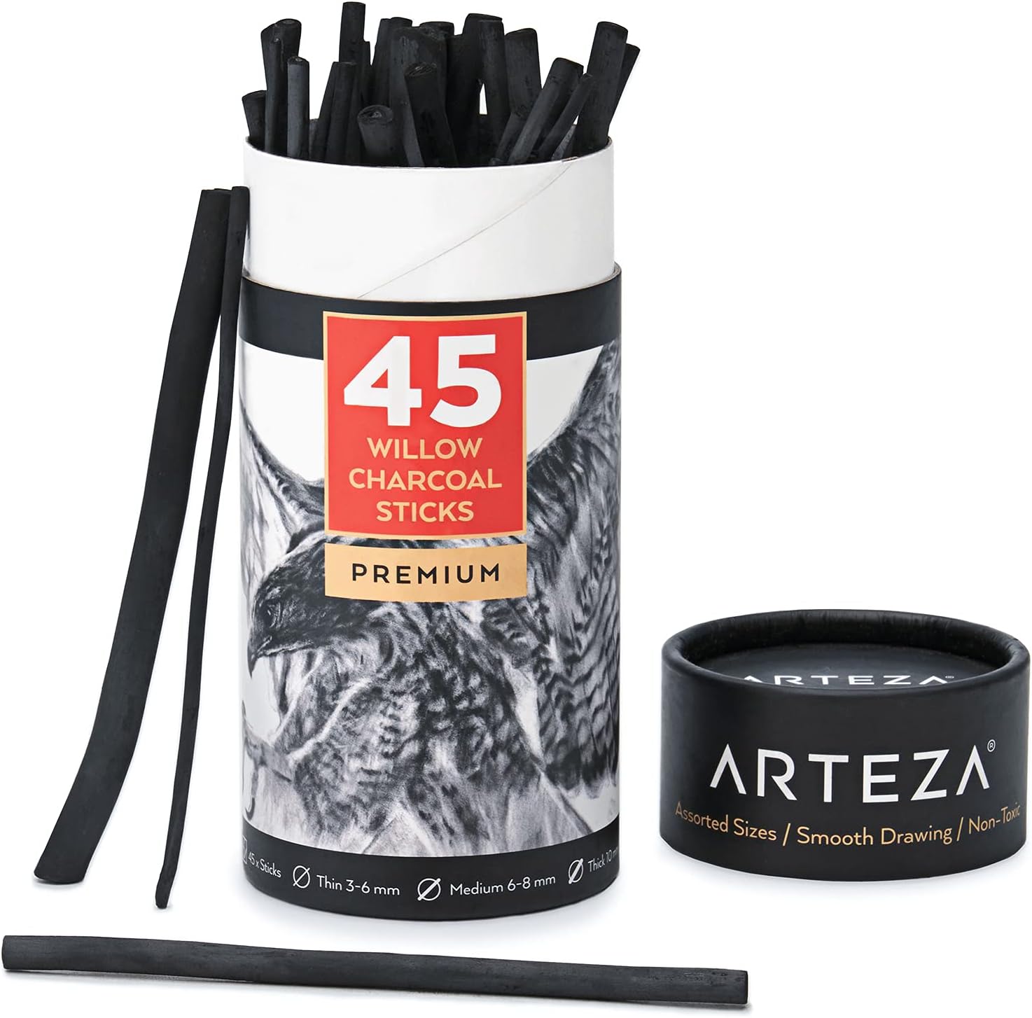ARTEZA Willow Charcoal Sticks, Set of 45, Assorted Thin, Medium, and Thick Sketching Charcoal