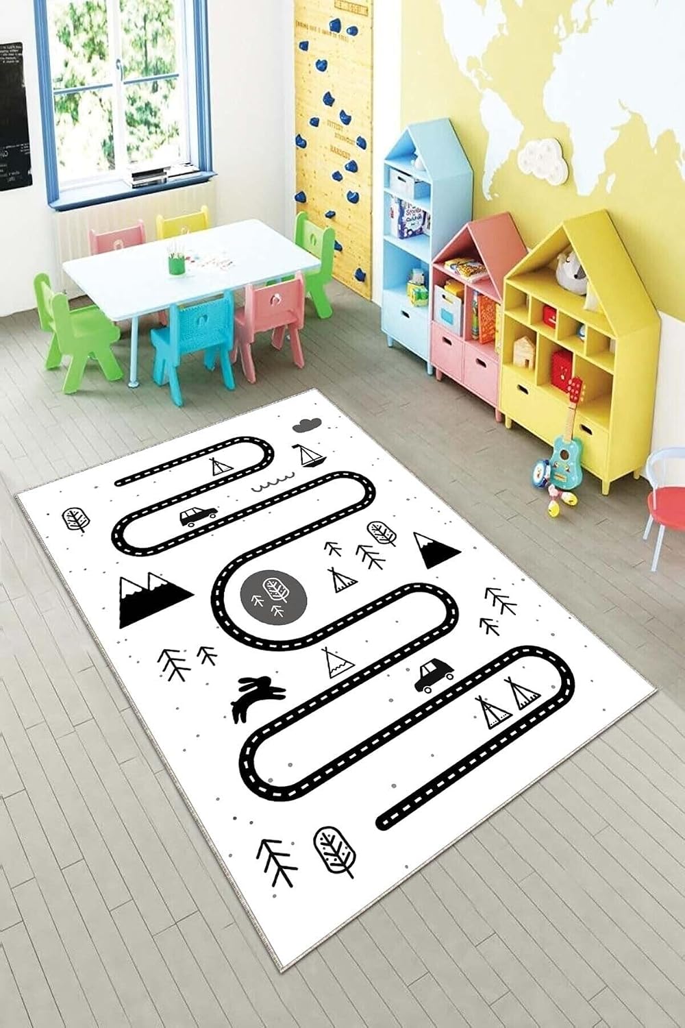 Pelangi Gri Trafik Yollu Ve Fiğürlü Yıkanabilir Kaymaz Taban Leke Tutmazbebek Ve Çocuk Odası Halısı, Beyaz-Siyah 40 x 40