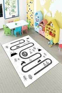 Pelangi Gri Trafik Yollu Ve Fiğürlü Yıkanabilir Kaymaz Taban Leke Tutmazbebek Ve Çocuk Odası Halısı, Beyaz-Siyah 40 x 40