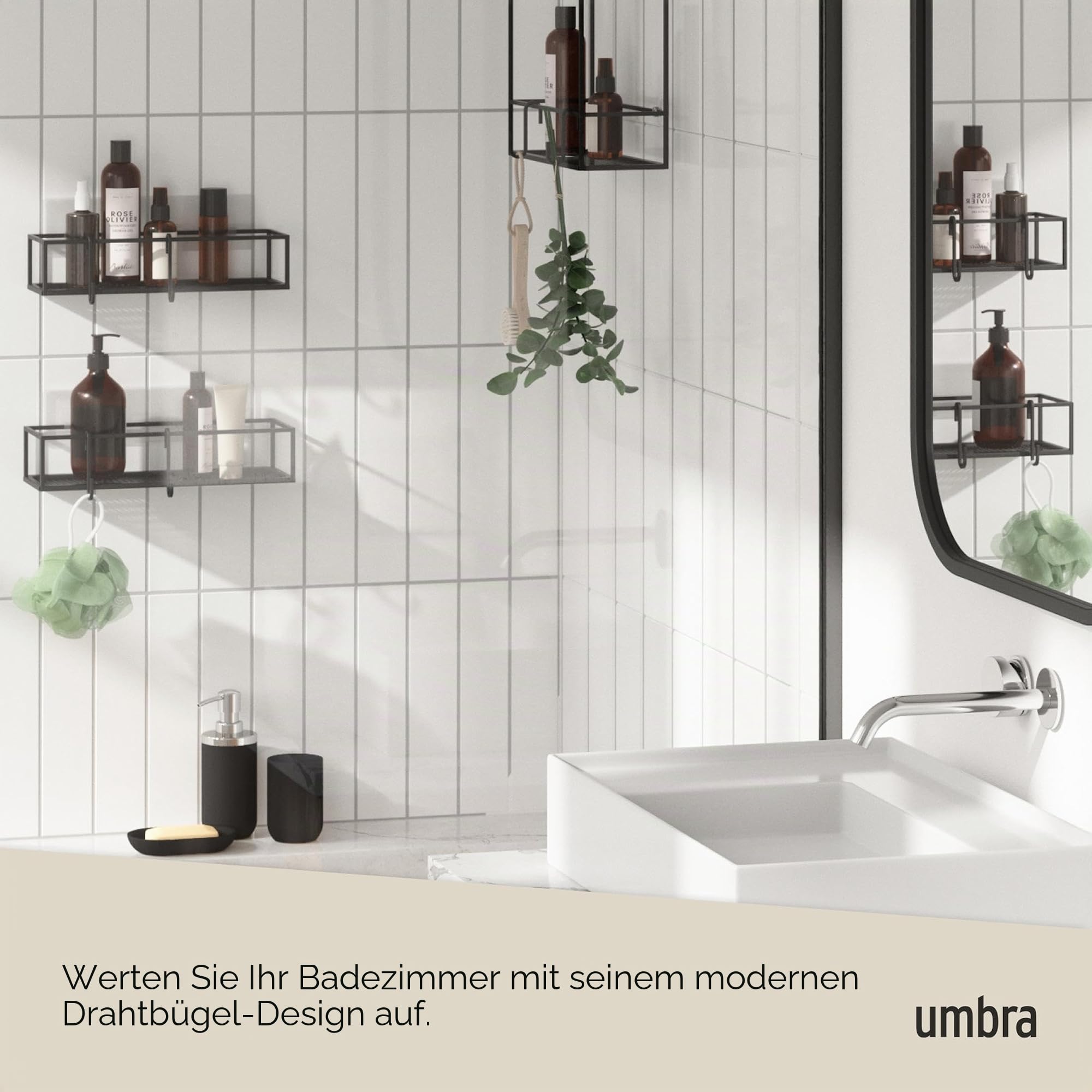 Umbra Cubiko Duschablage ohne Bohren mit Haken, 2er-Set, Schwarz | Metall, wasserfester Klebestreifen, 4,5 kg Tragkraft, rostbeständig, für Fliesen und Beton