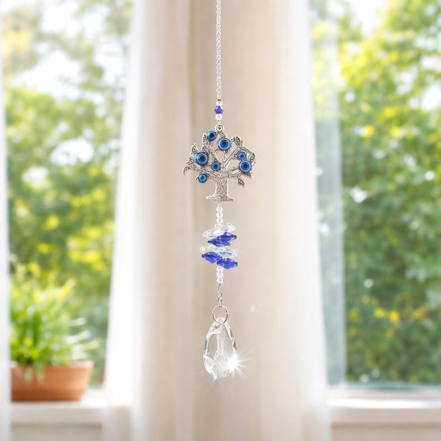 Blue Eye Design Hanging Crystal Suncatcher Ornaments Set of 6, Metal and Glass Decorative Window Pendants with Faceted Acrylic Drops