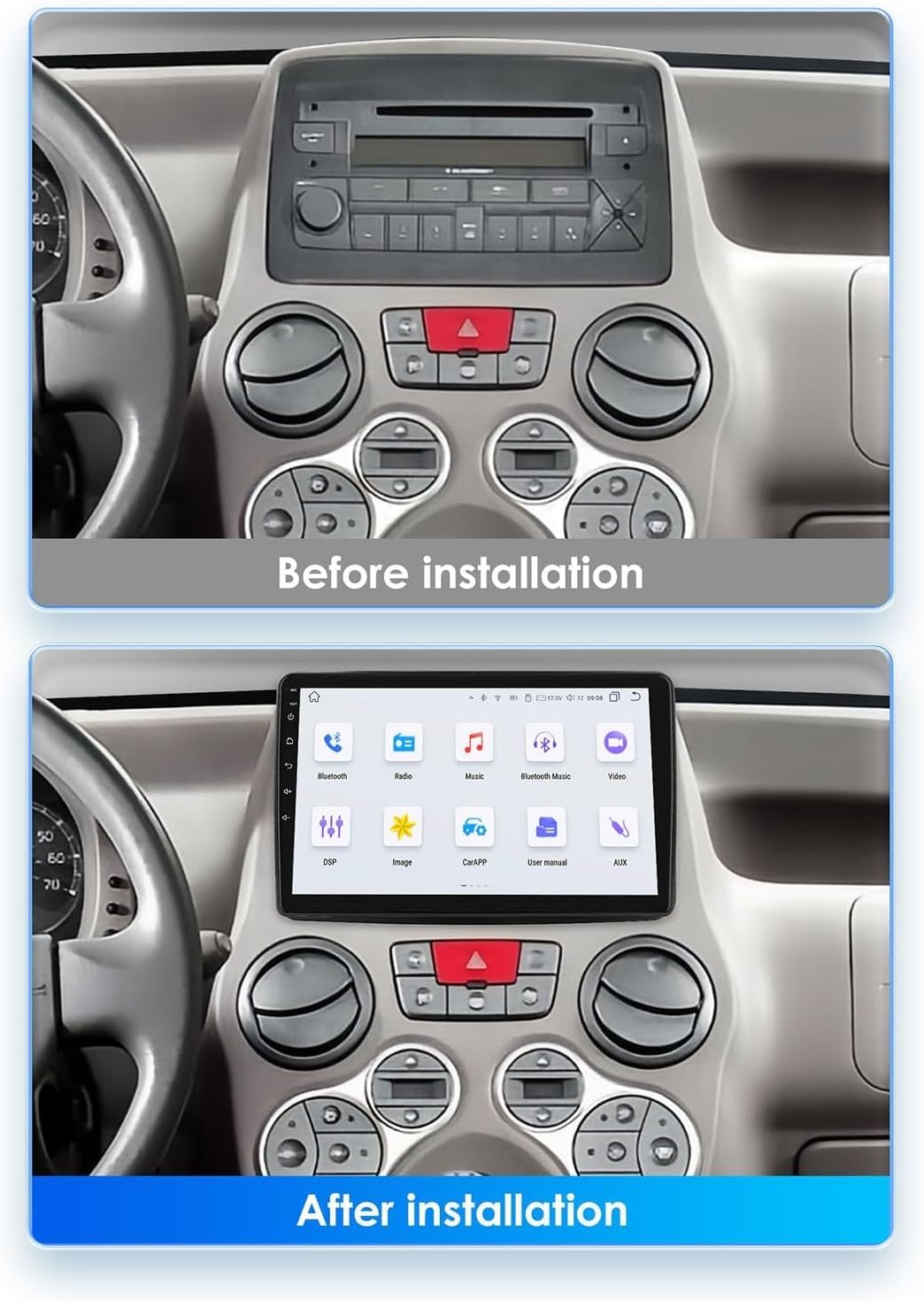 4core(1g+32g),Autoradio Android da 9 Pollici per F-iat Panda 2003-2012, Carplay Wireless, Android Auto, Touch Screen, Bluetooth, WiFi, GPS, FM con Telecamera di retromarcia