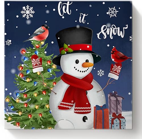 Miniatura 8 de Pintura de Navidad por números, pintura al óleo sobre lienzo, Let it Snow Winter Snowman Árbol de Navidad y regalos Kit de pintura azul por números
