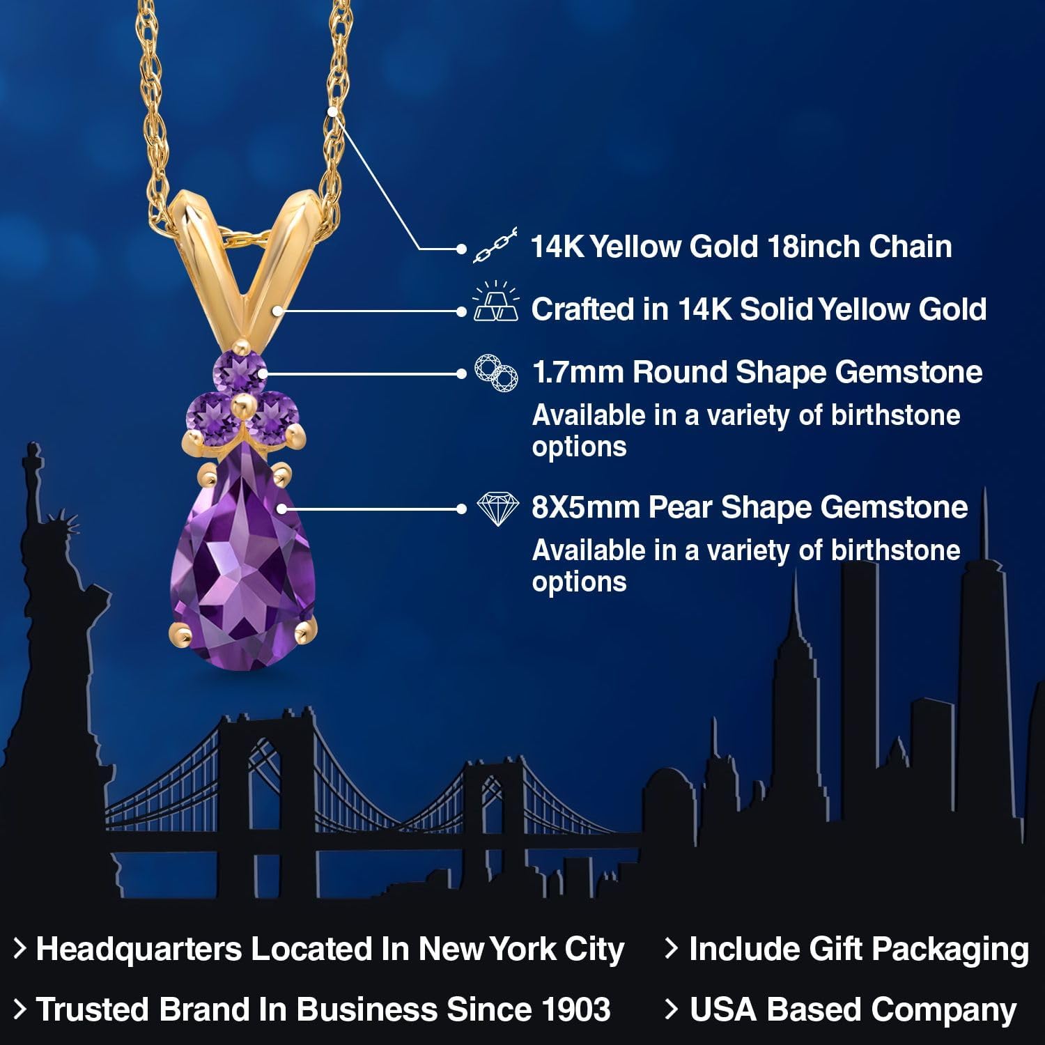 Gem Stone King 14K Yellow Gold Purple Amethyst and Simulated Purple Amethyst Pendant Necklace for Women | 0.84 Cttw | Gemstone February Birthstone | Pear Shape 8X5MM | With 18 Inch Chain - Image 2