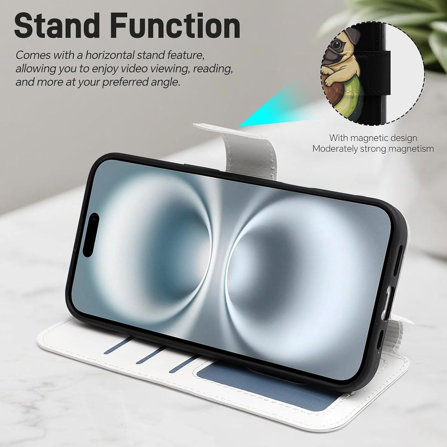 Avocado Pug Dog Compatible with iPhone 16/16 Plus/16 Pro/16 Pro Max/16 E Case Phone Wallet Card Holder Flip Cover with Wrist Strap