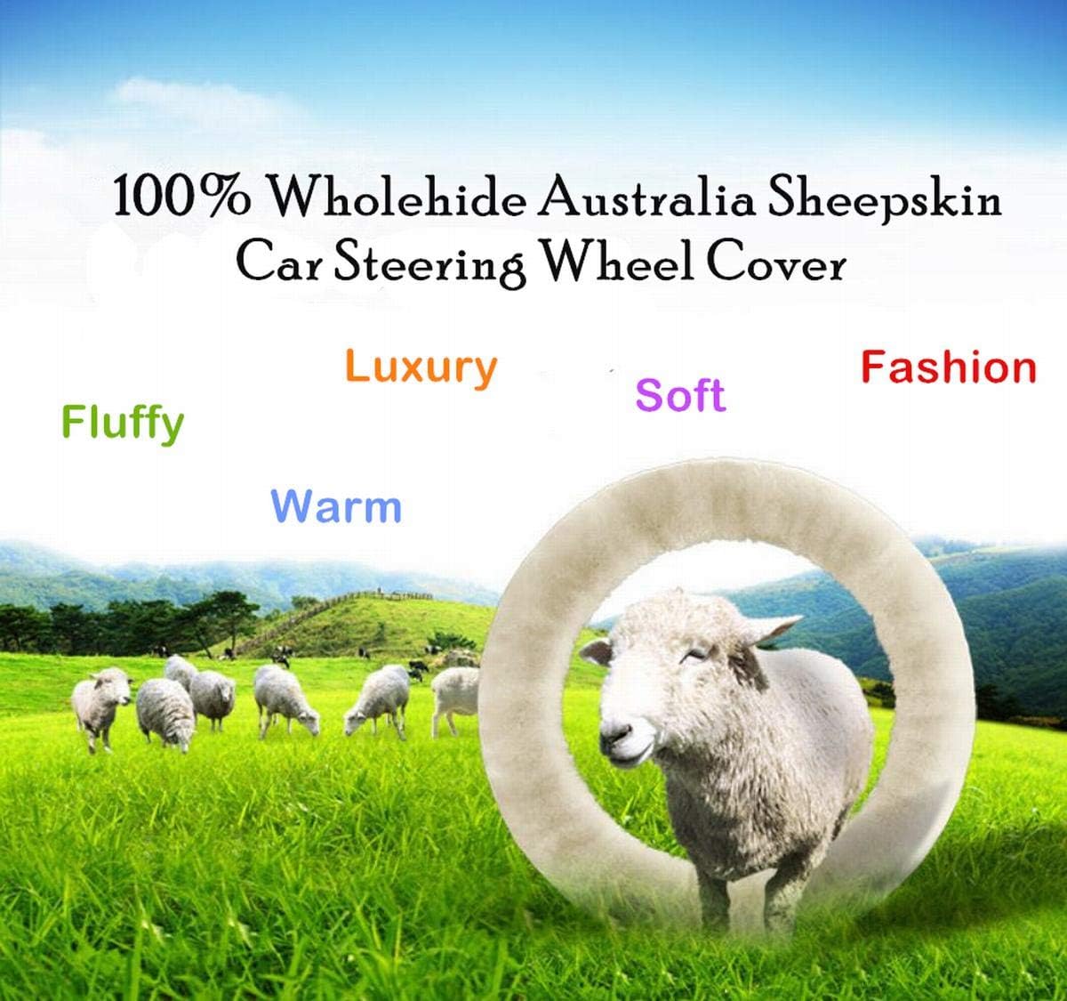 Wool Car Steering Wheel Cover 100% Australia Sheepskin Fur Steering Wheel Protector, Fluffy Warm Durable and High Elasticity Suit for Steering Wheel Size 14.5-16 inches (Black)