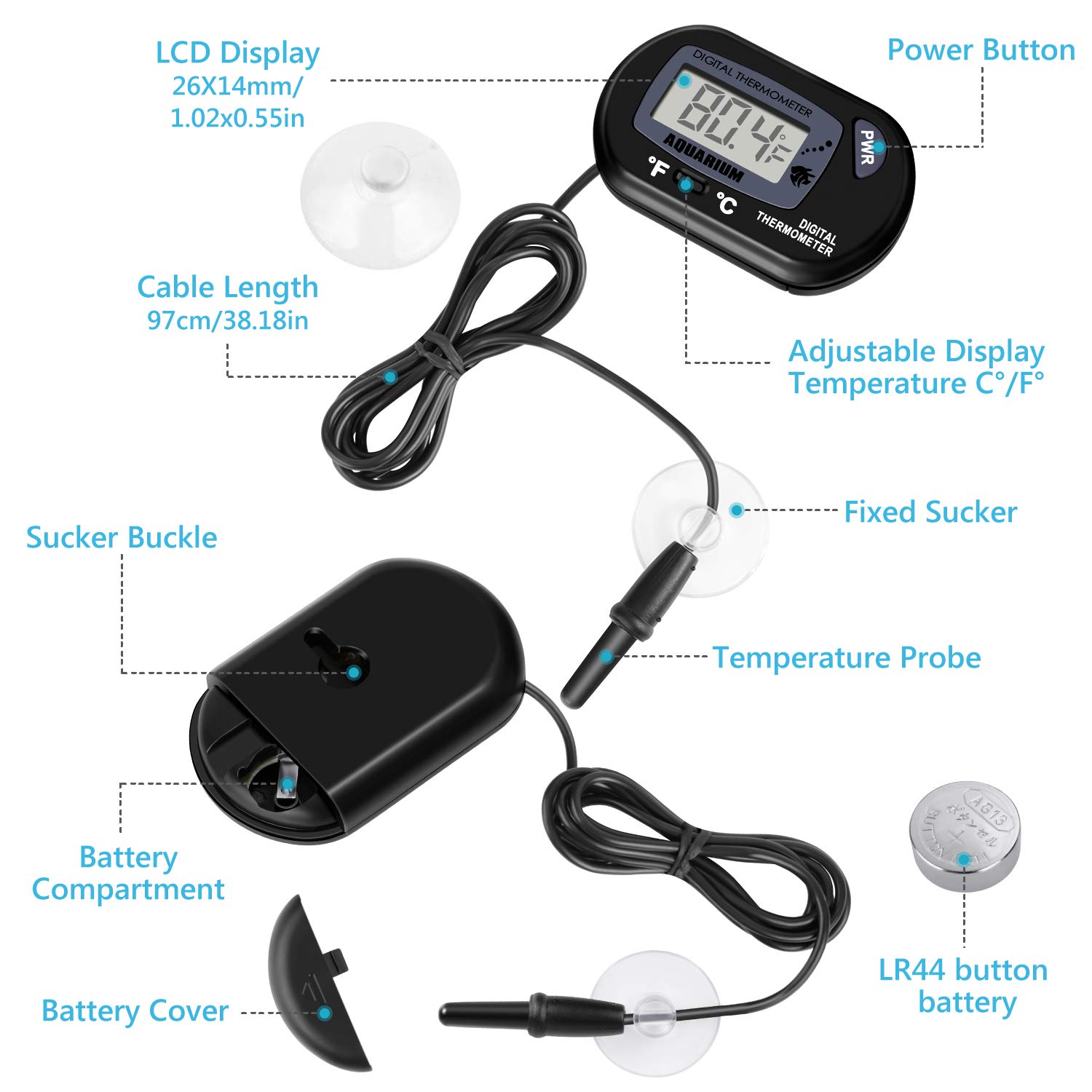 NEPTONION Aquarium Thermometer LCD Digital Aquarium Thermometer with Suction Cup Fish Tank Water Terrarium Temperature for Fish and Reptiles Like Lizard and Turtle - Image 4