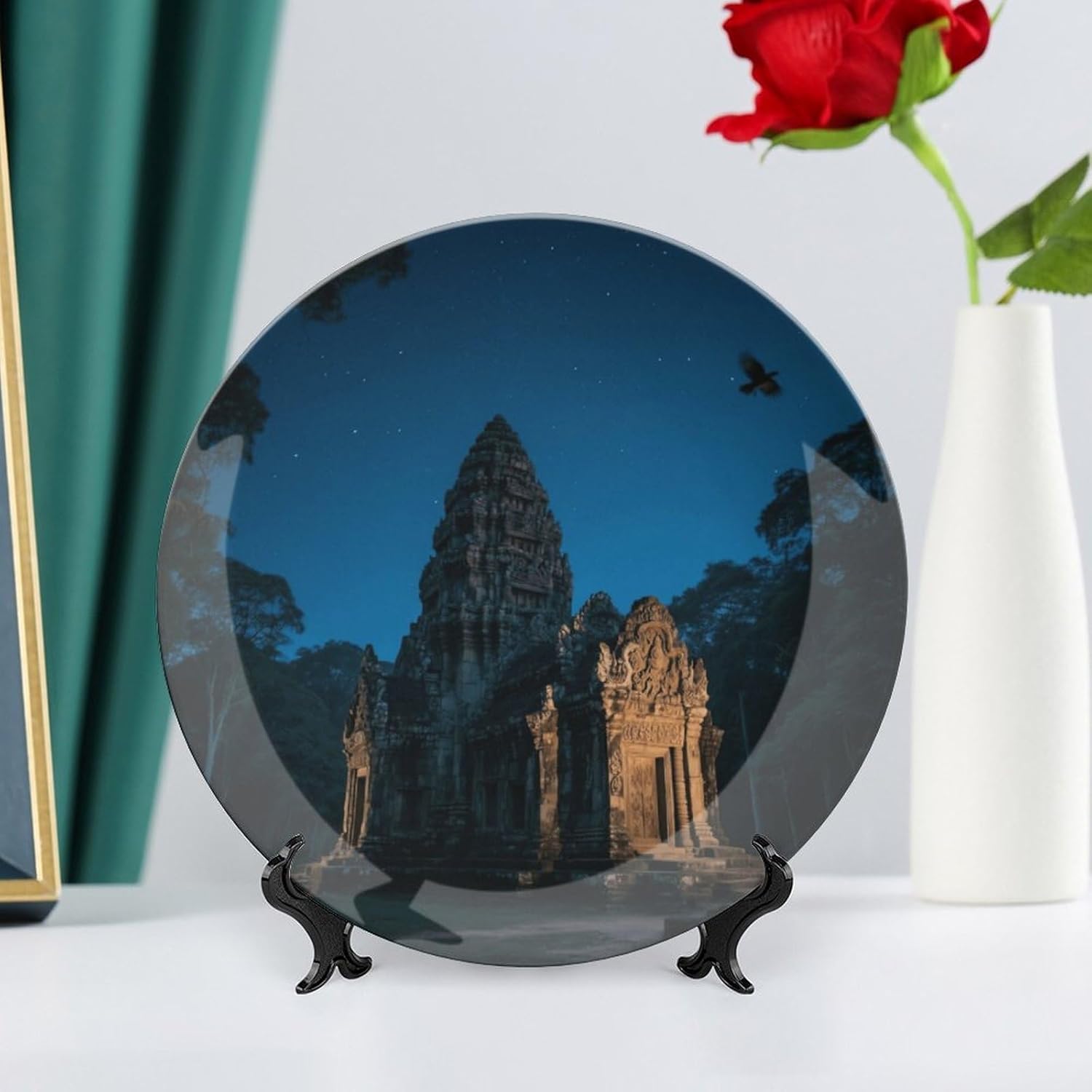 Bone China Decorative Plates Angkor Wat Ceramic Decorative Plate Wall Decor with Display Stand Ceramic Ornaments for Wall Hanging Decoration