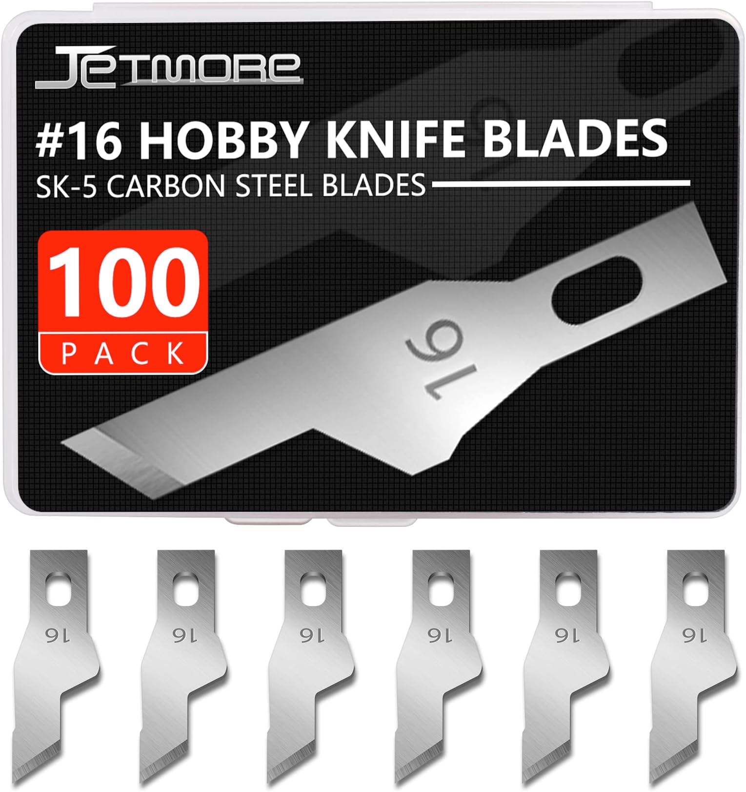 Jetmore 100 Pack Hobby Blades Craft Knife Blade Refill #16 Hobby Knife Replacement Blades with Storage Box for DIY Cutting Caving