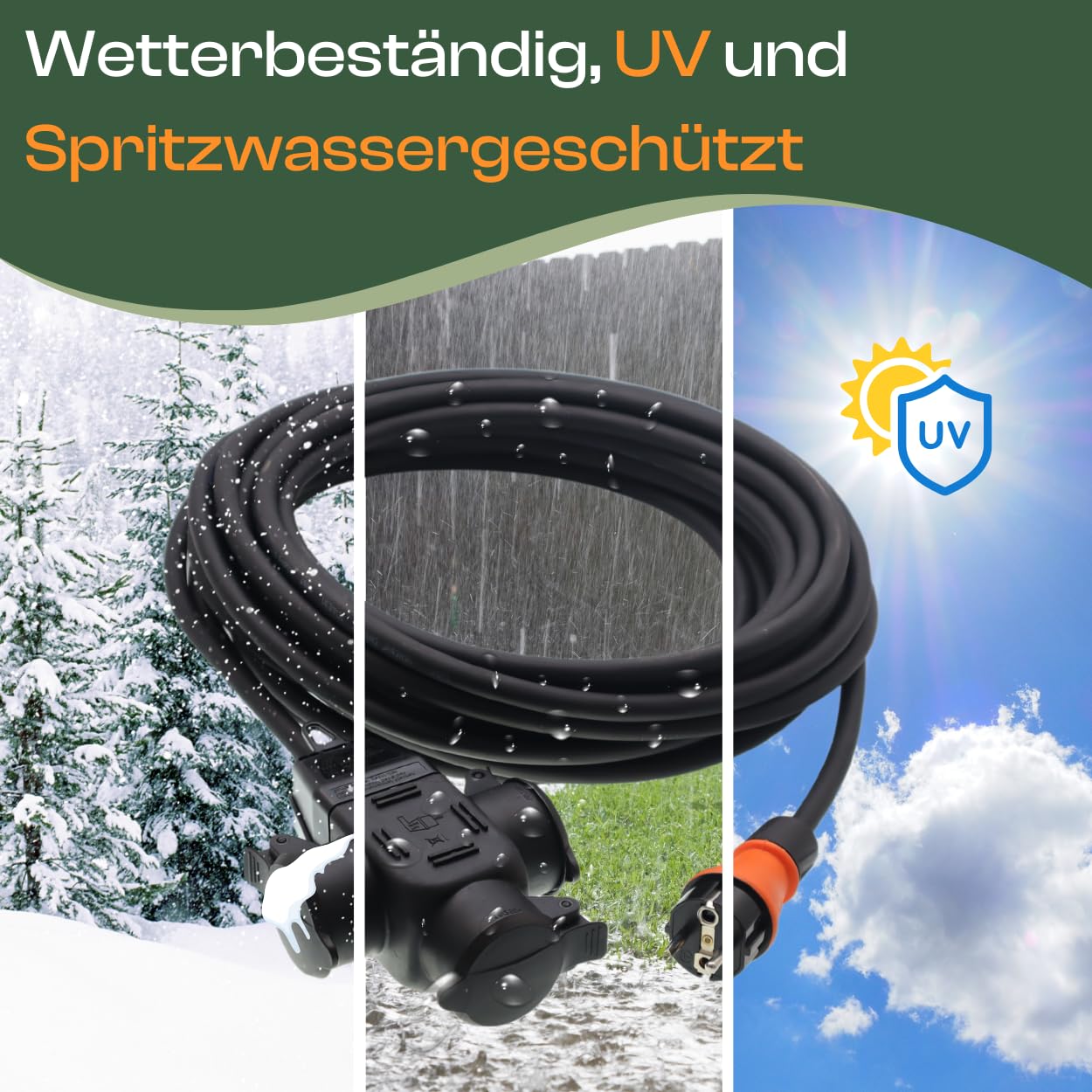 maxgo Verlängerungskabel 15m Außen 3Fach Verteiler Stromkabel Außenbereich Schuko Verlängerung 15 Meter Outdoor Kabel Steckdosenleiste 3-Fach Mehrfachstecker Multisteckdose H07RN-F 3x1,5