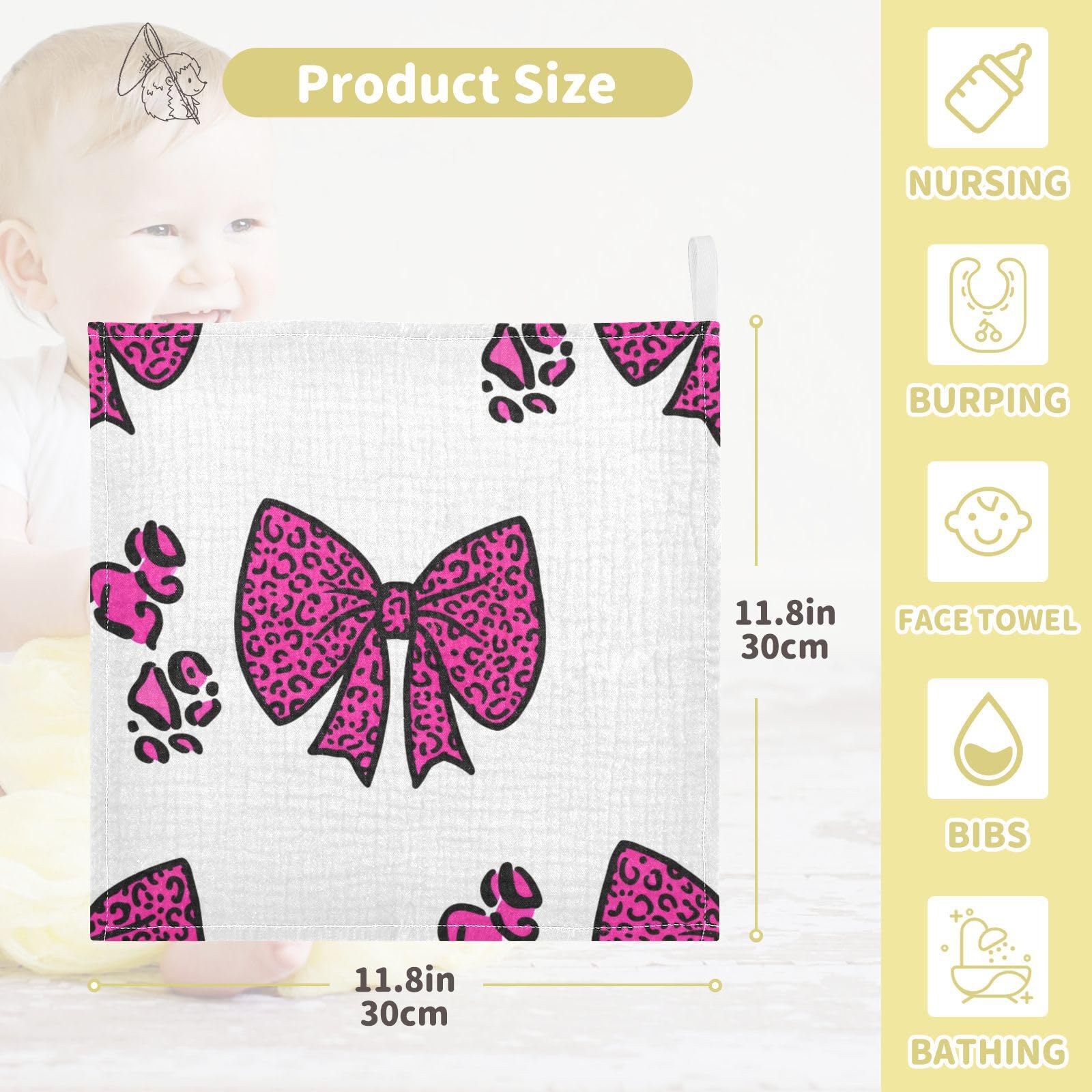 Kigai Leopard Pink Bow Baby Washcloths,5pcs Ultra Soft Absorbent Towel,Newborn Bath Face Towel, Natural Reusable Baby Wipes for Sensitive Skin, Baby Registry as Shower