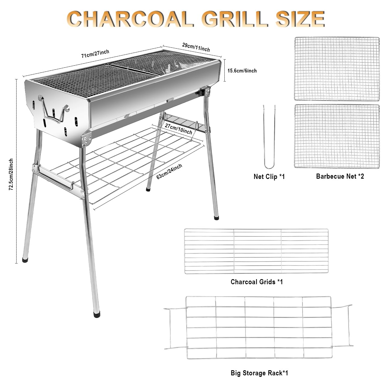 Paxlwaaoon Parrilla de carbón con estante de almacenamiento plegable, parrilla grande de acero inoxidable para cocinar al aire libre, picnic, camping, uso comercial, 27.55 x 28.34 x 12.5 pulgadas 3
