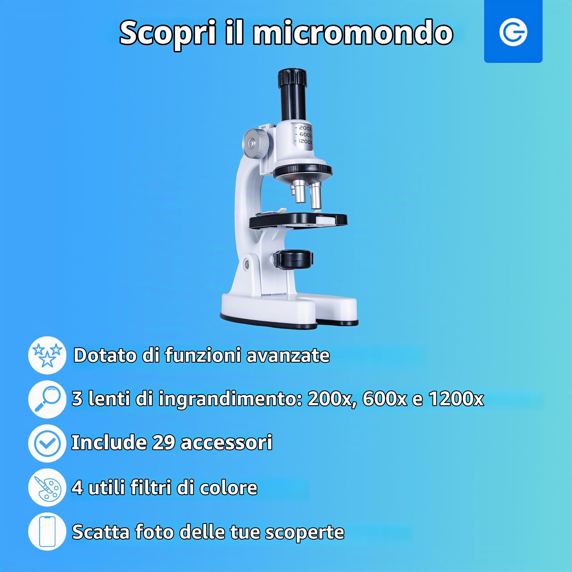 Silvergear® Microscopio Bambino | Imposta Debuttanti | Gioco Educativo | Grossissement di 200x, 600x e 1200x | LED | Microscopio Professionale per Biologia | Inclus 29 Accessori | 14x8x22 cm | Bianco