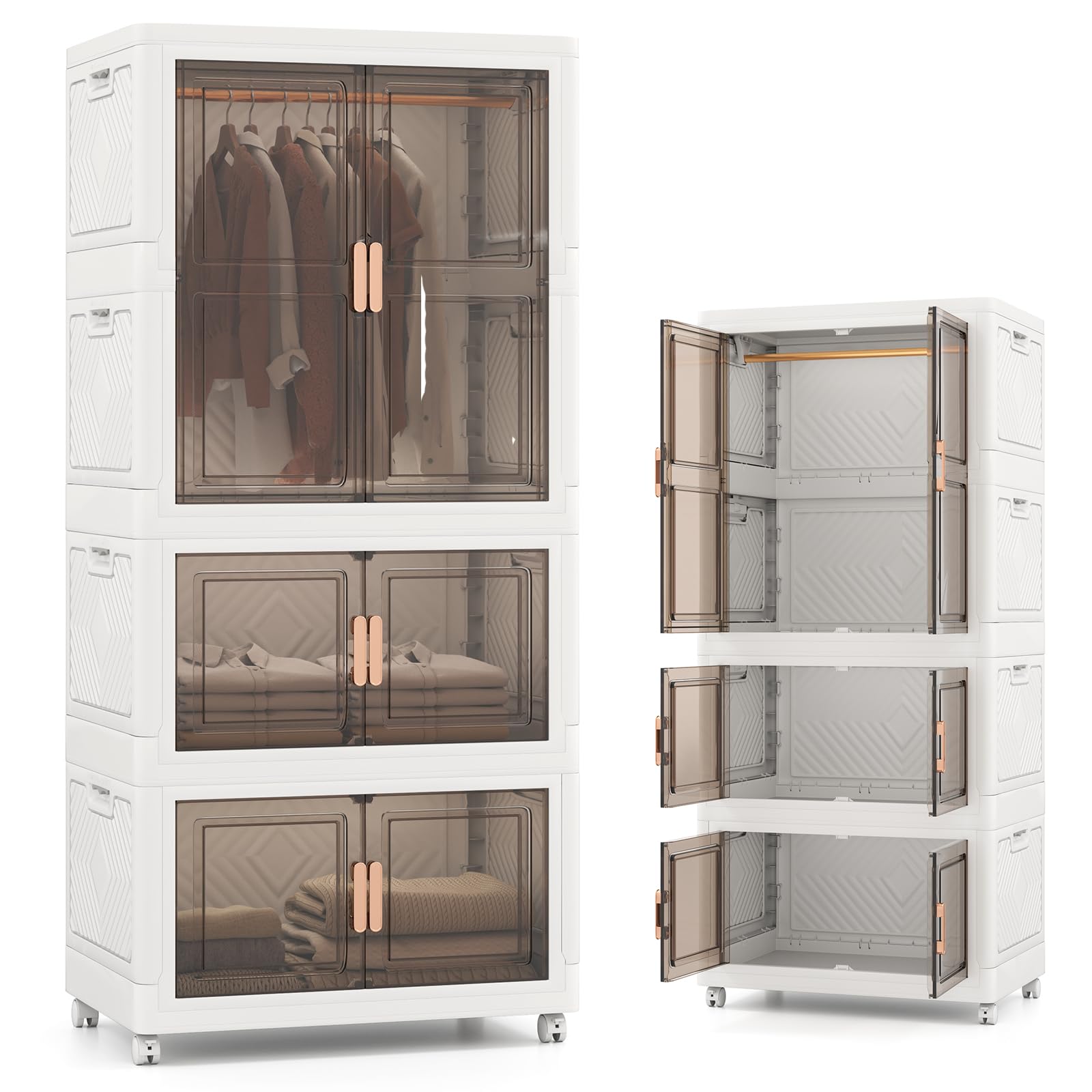 KOMFOTTEU Kleiderschrank mit 2 feststellbaren Rollen, Aufbewahrungsbox aus Kunststoff, mobiler Aufbewahrungsturm mit 10 Kleiderbügeln, 71 x 46 x 156 cm